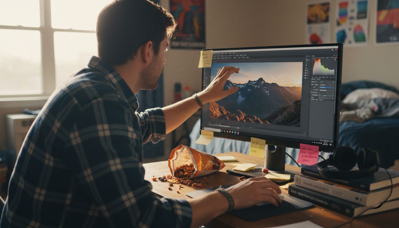 Man editing photo exposure and color at desk