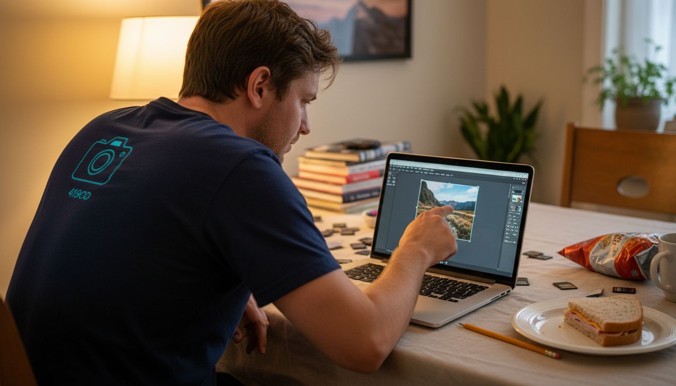Person cropping a photo on laptop amid clutter
