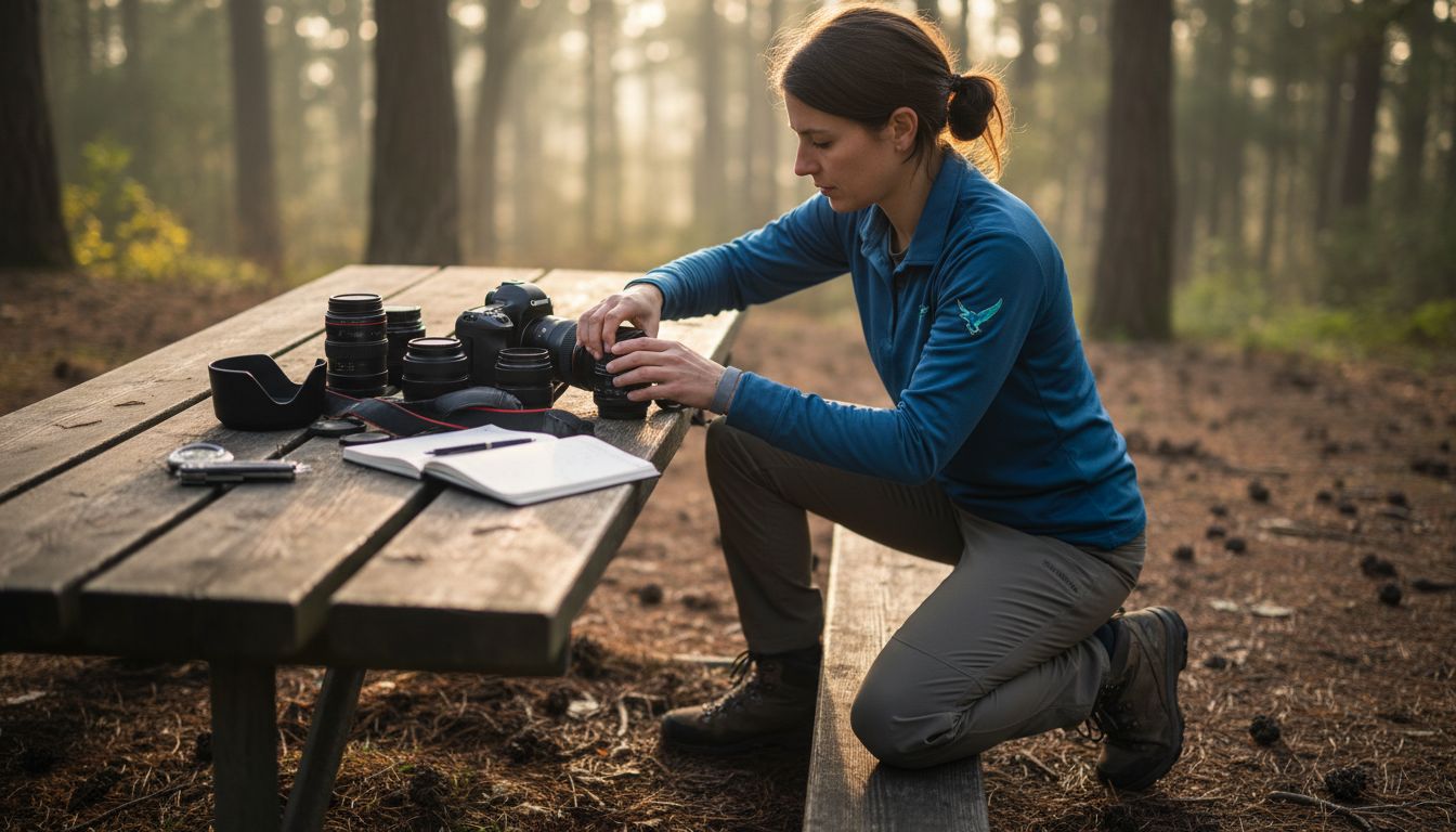 Woman assembling camera kit outdoors