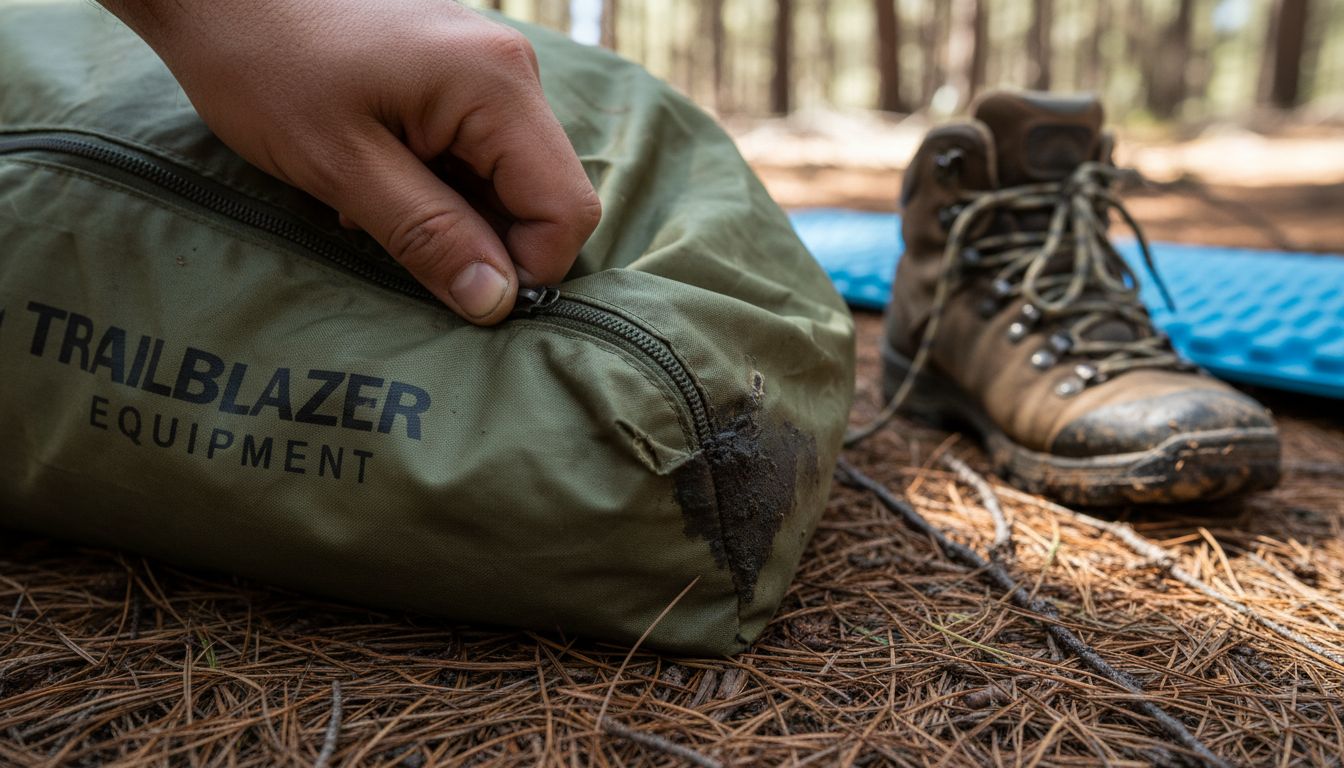 Closeup of hiker zipping up tent bag