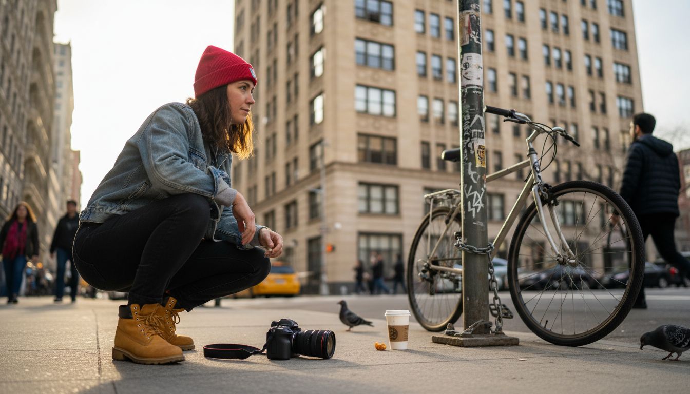 Photographer using wide angle lens in city street