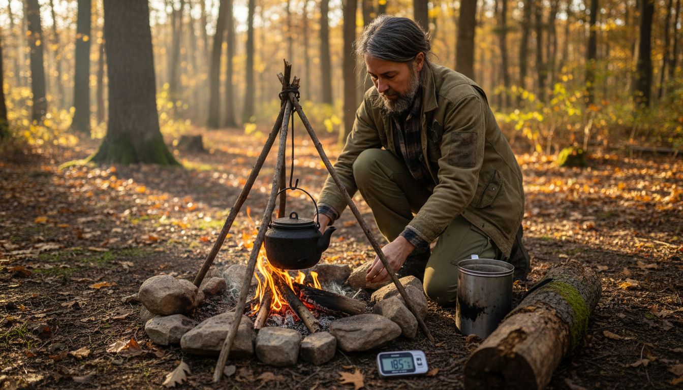Camper sets up campfire for cooking