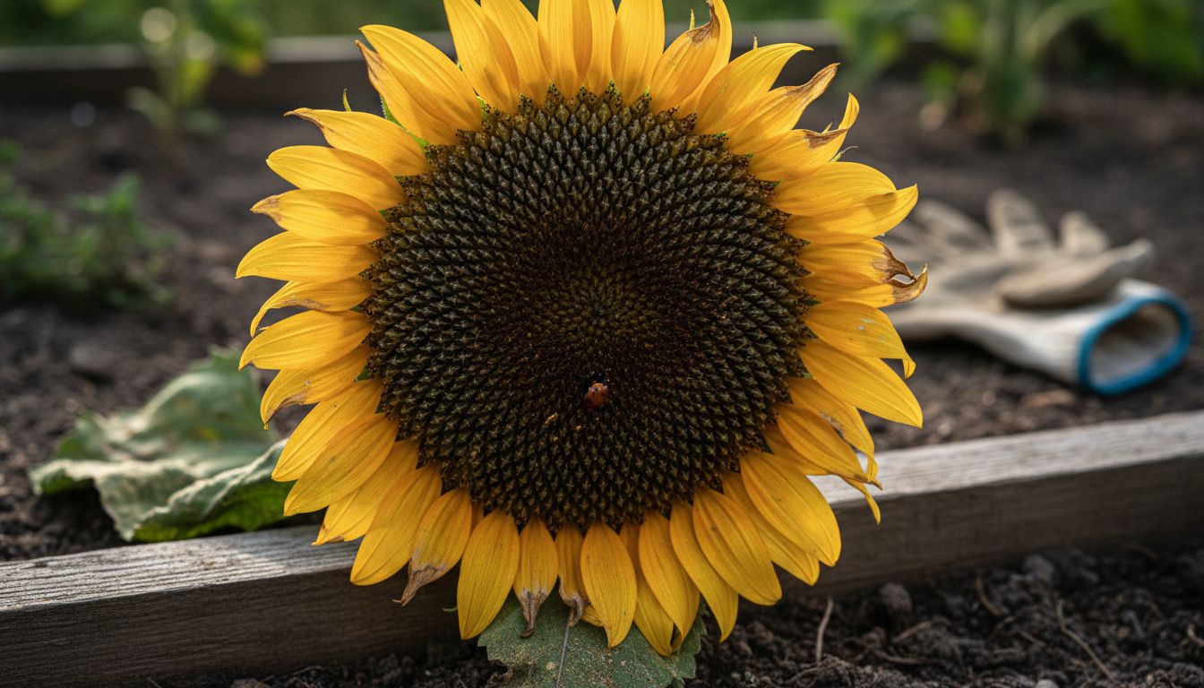 Sunflower head showing golden spiral seeds
