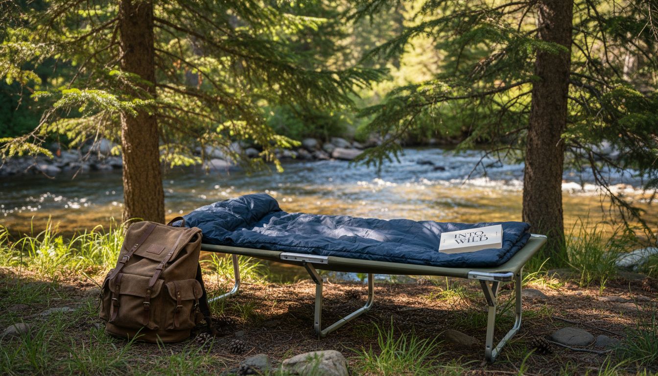 Lightweight camping cot set up near stream