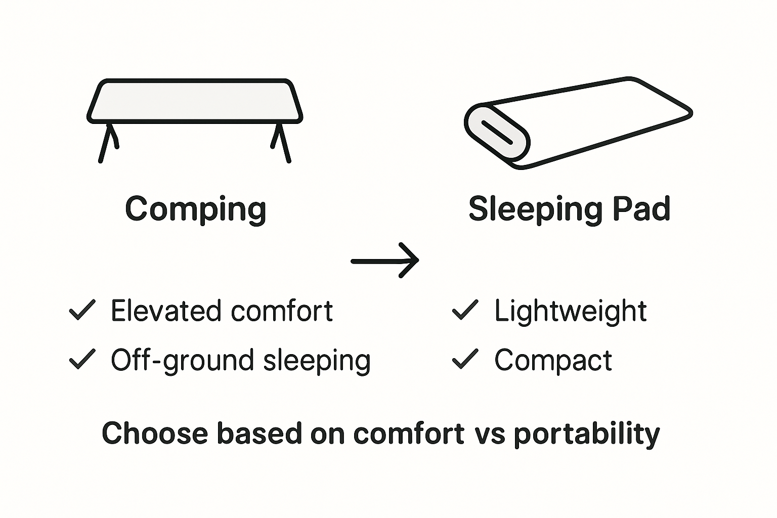 Infographic comparing cots and pads for camping