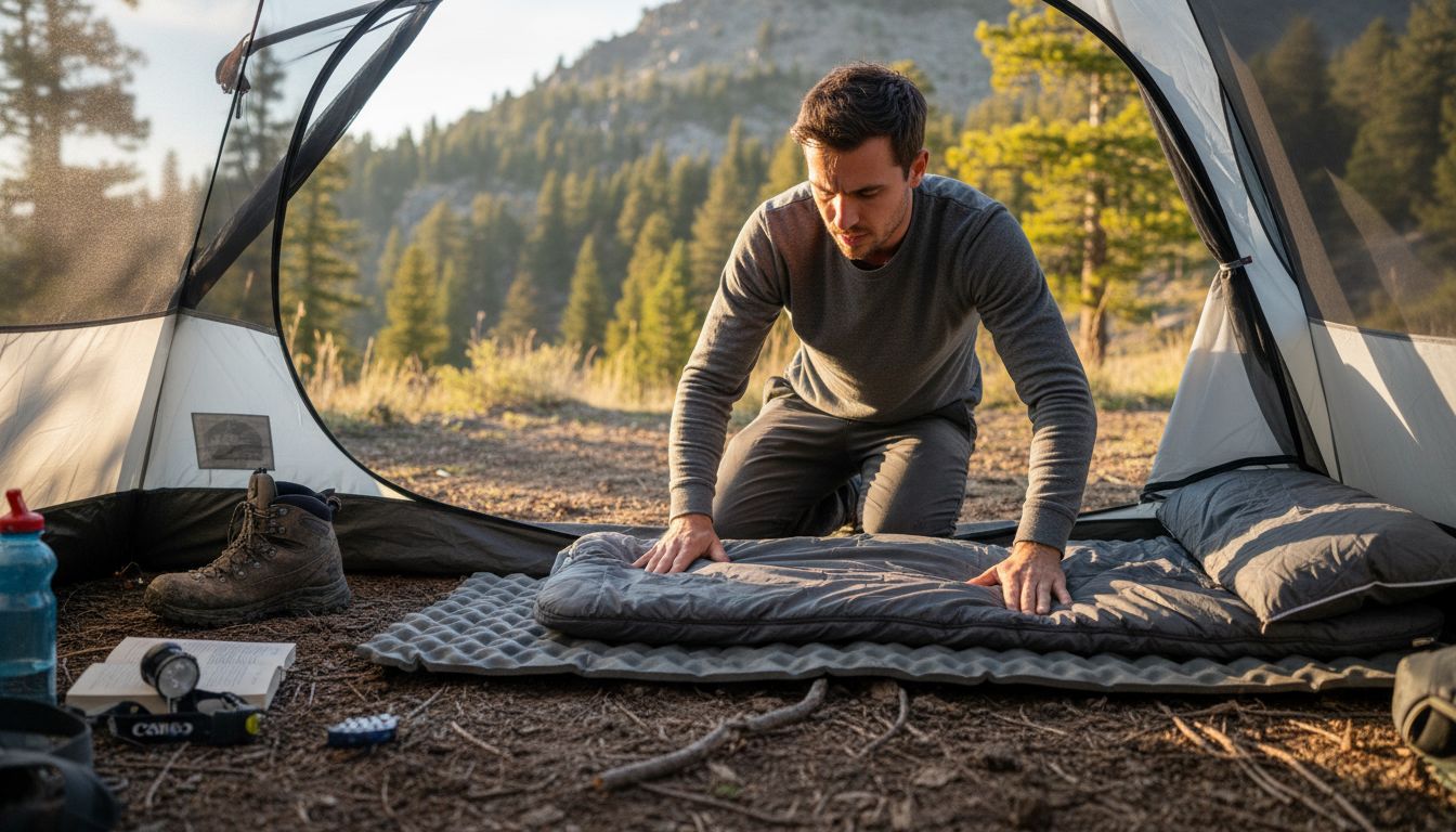 Camper arranges sleeping gear in tent