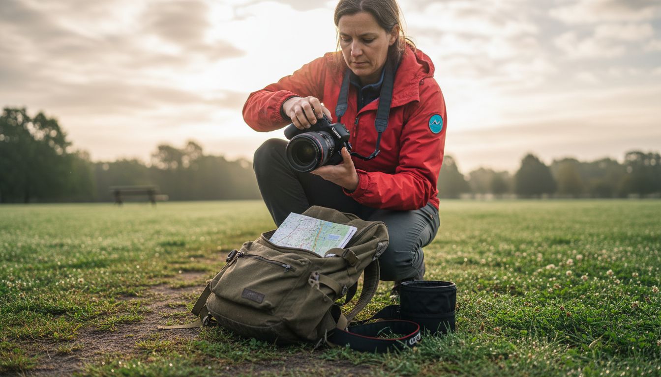 Photographer switching camera lenses outdoors