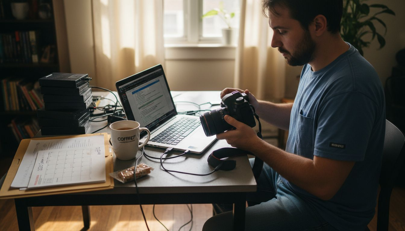 Transferring and organizing photos at home desk