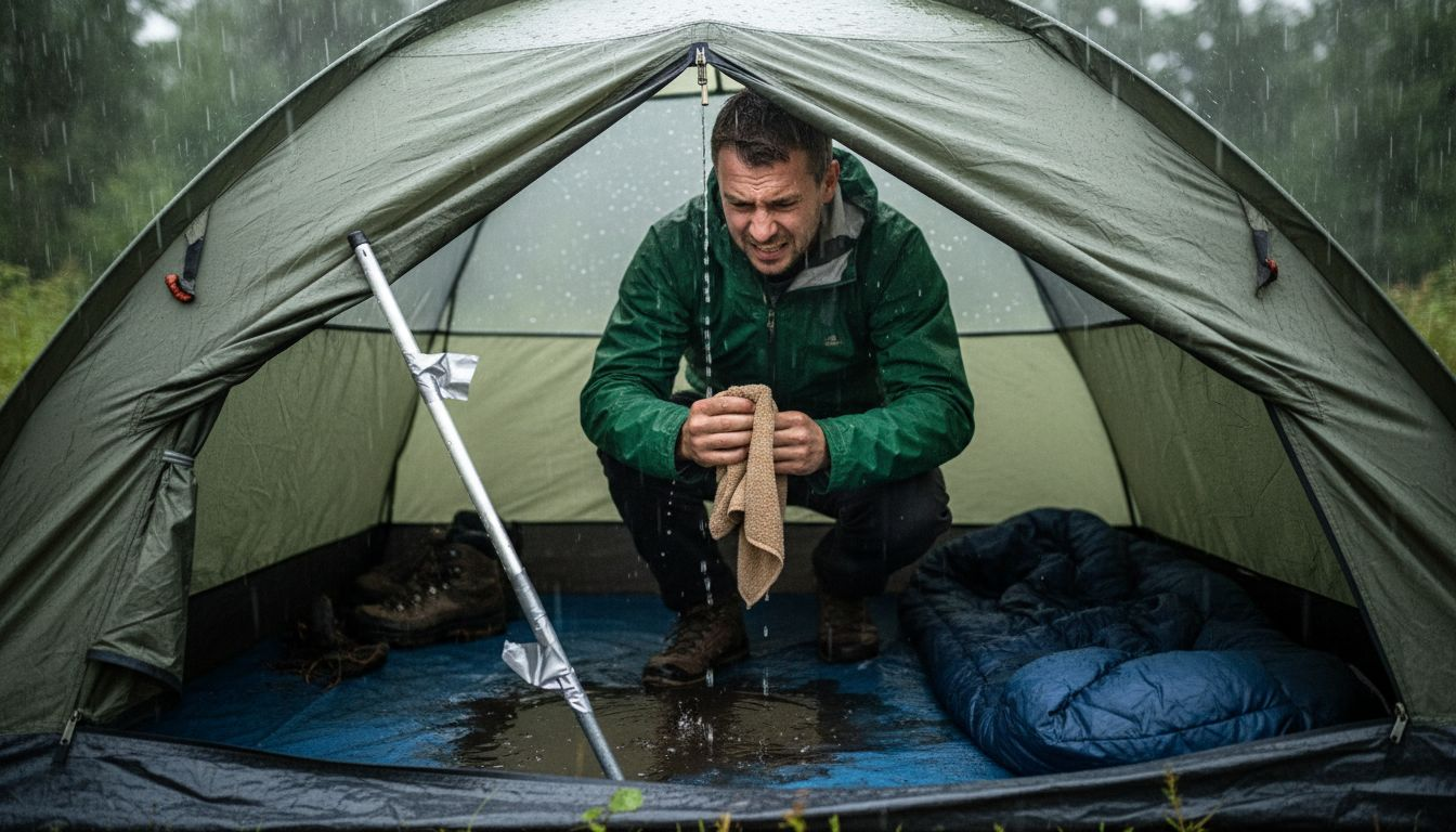 Camper dealing with leaky damaged tent interior