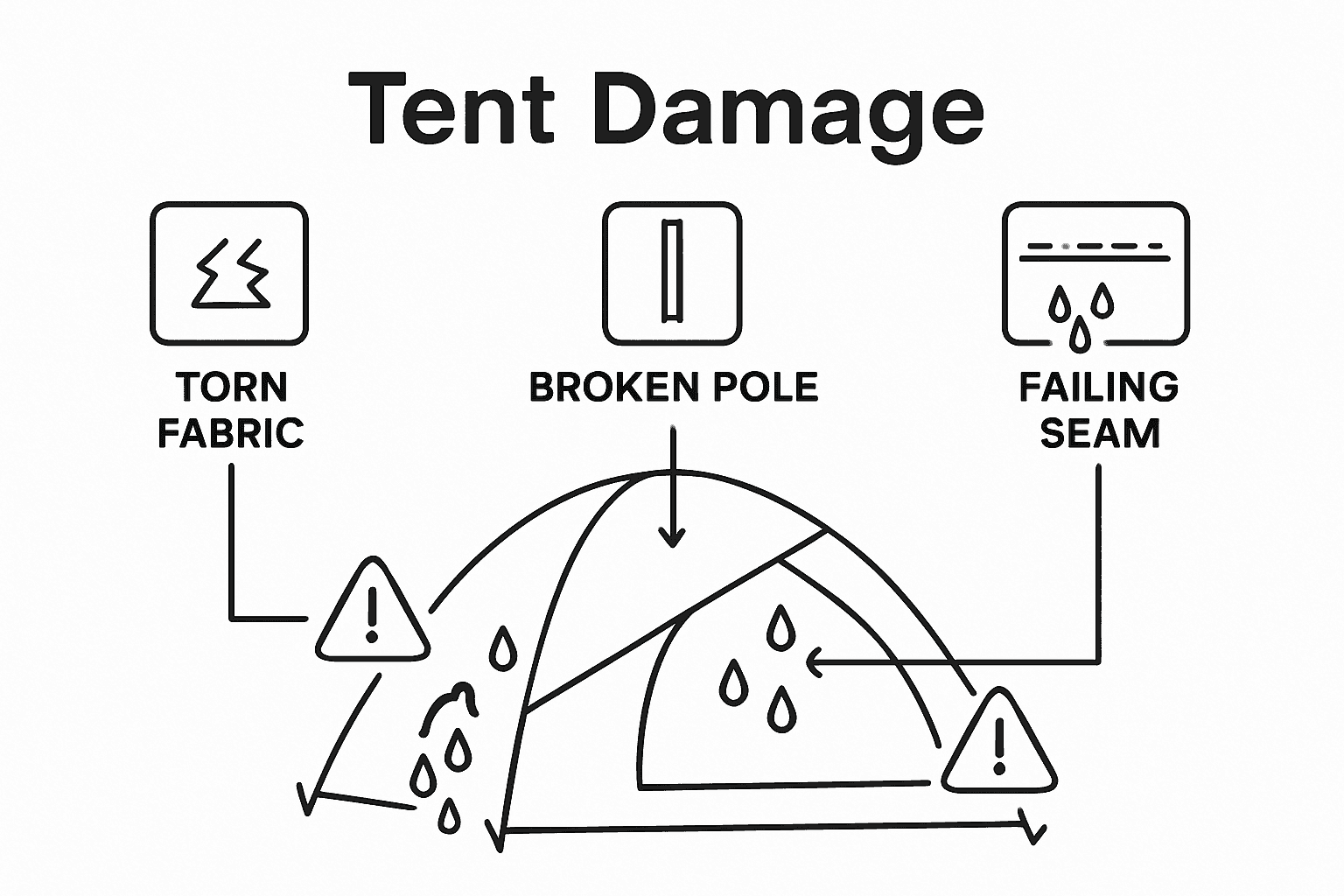 Infographic showing torn fabric, bent pole, bad seam