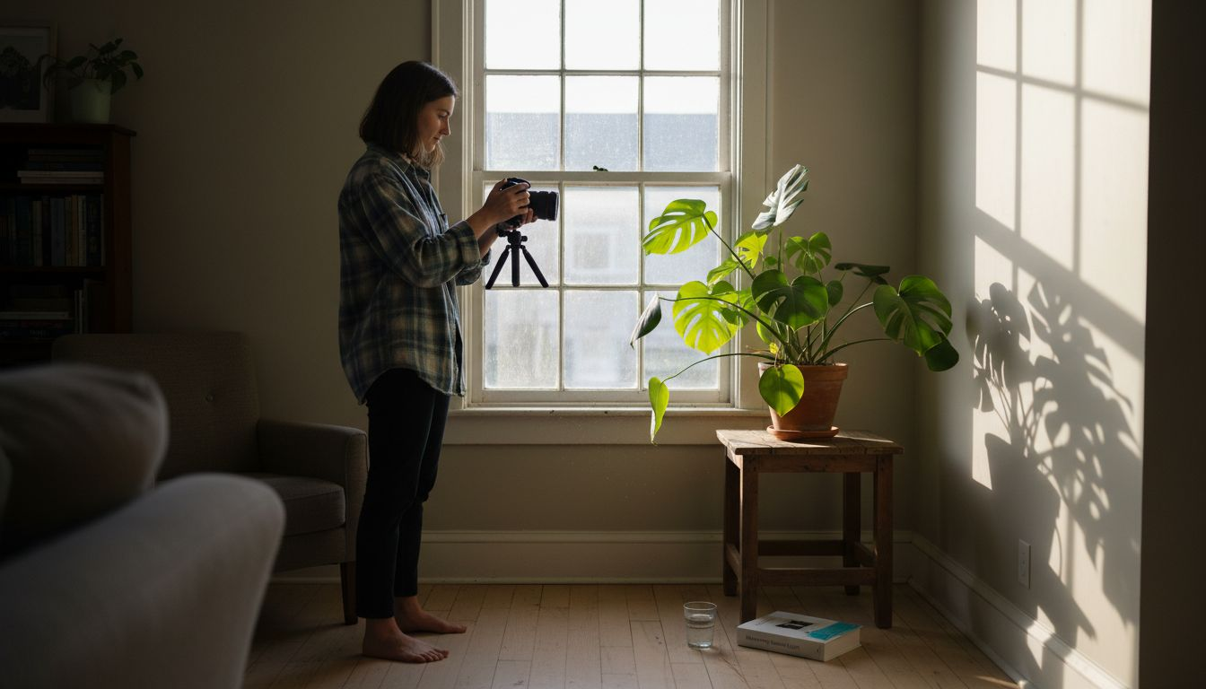 Woman bracketing exposures in bright, shadowed room