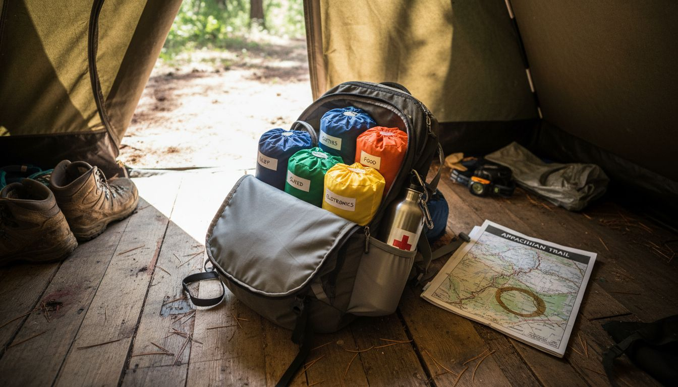 Organized interior of backpack in tent