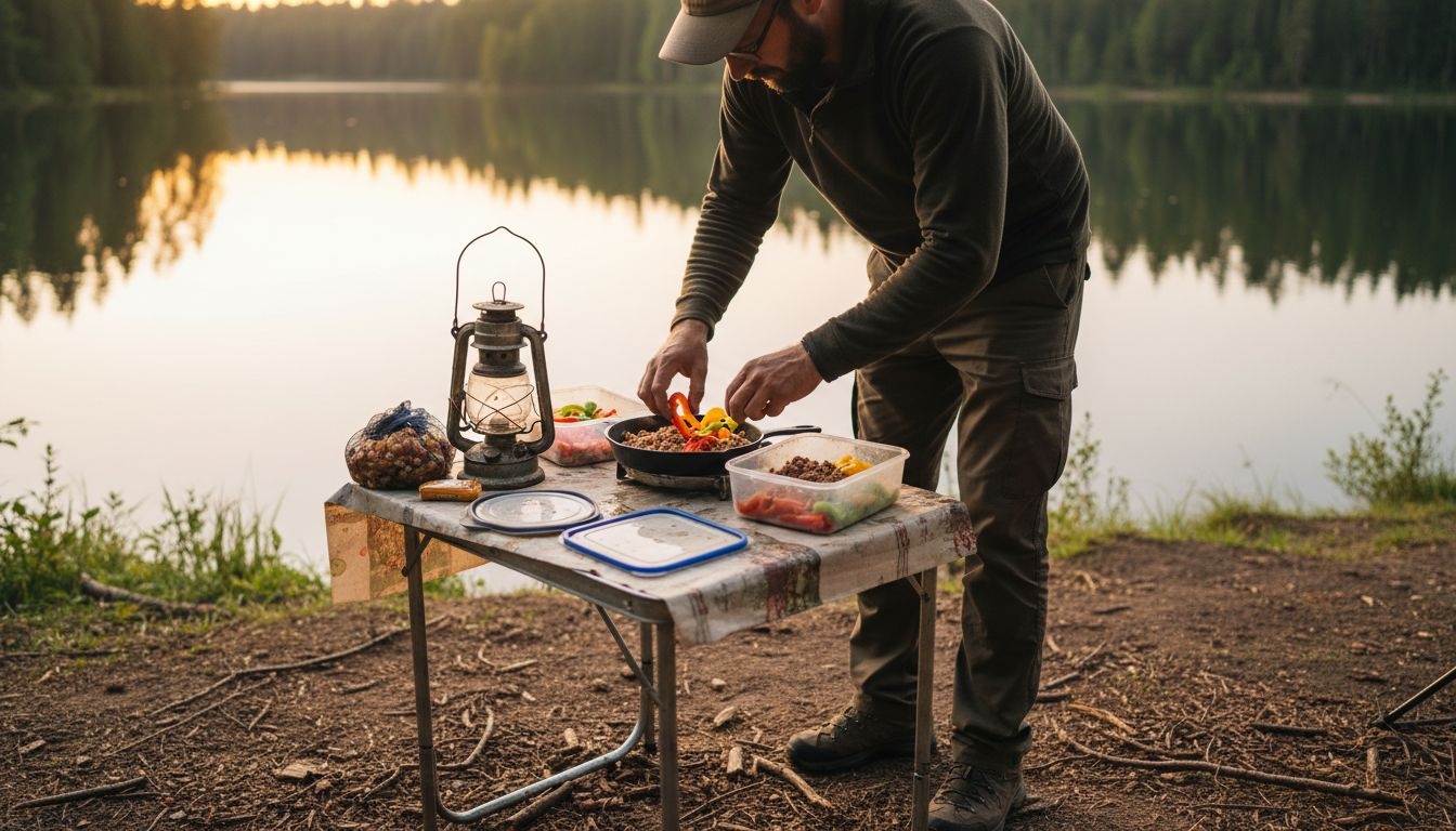 Camper preparing balanced camp meal ingredients