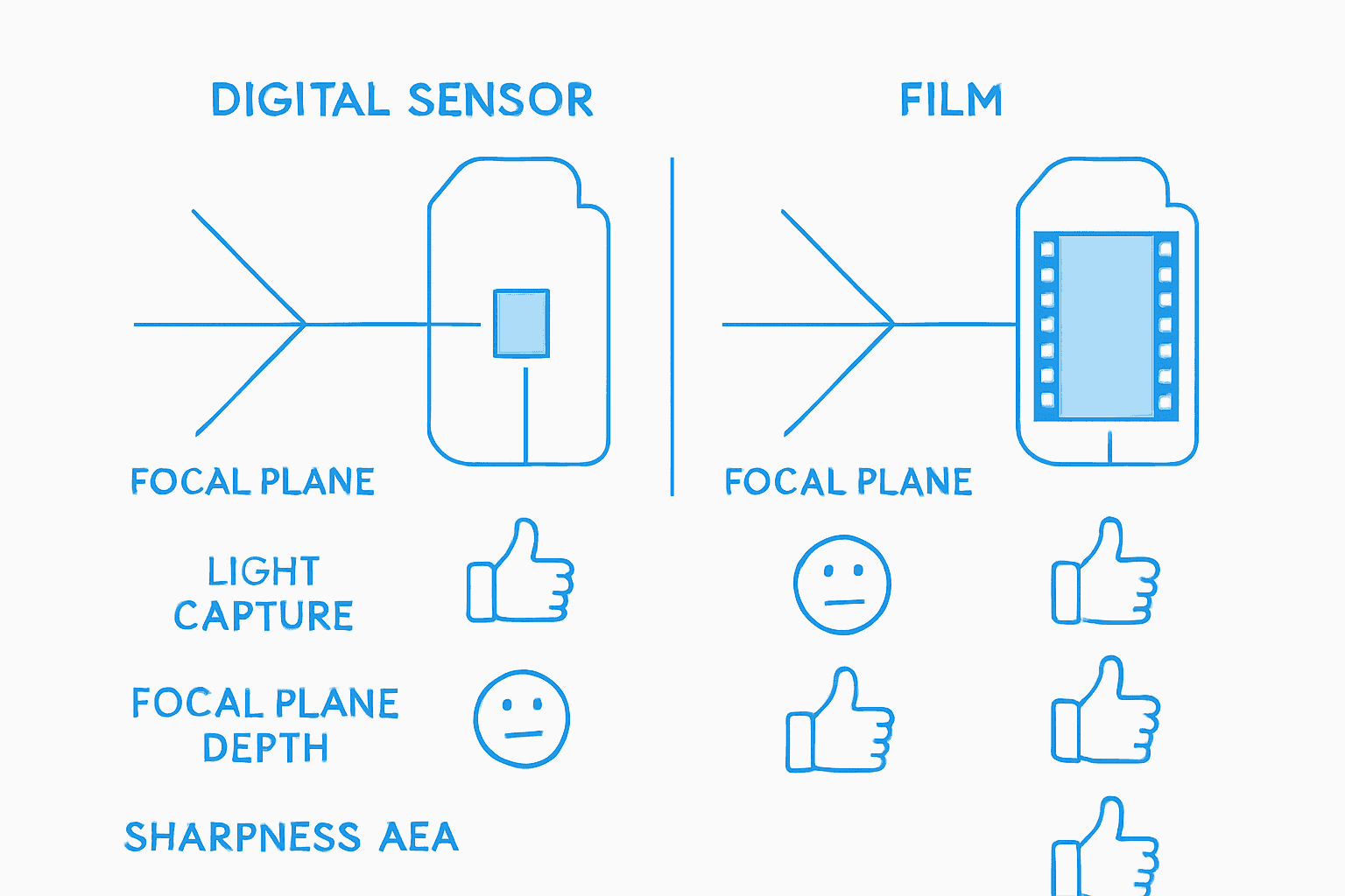 Infographic comparing focal plane for digital and film