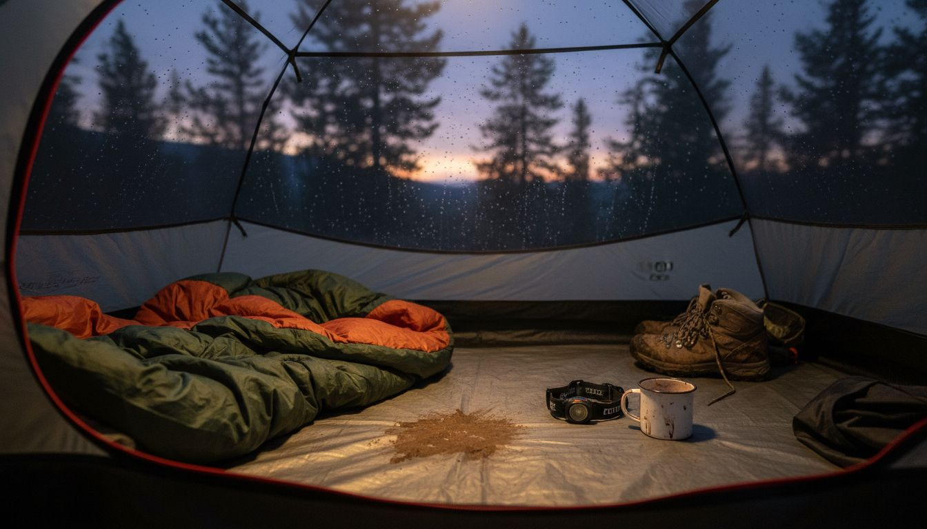 Cozy interior of tent at night