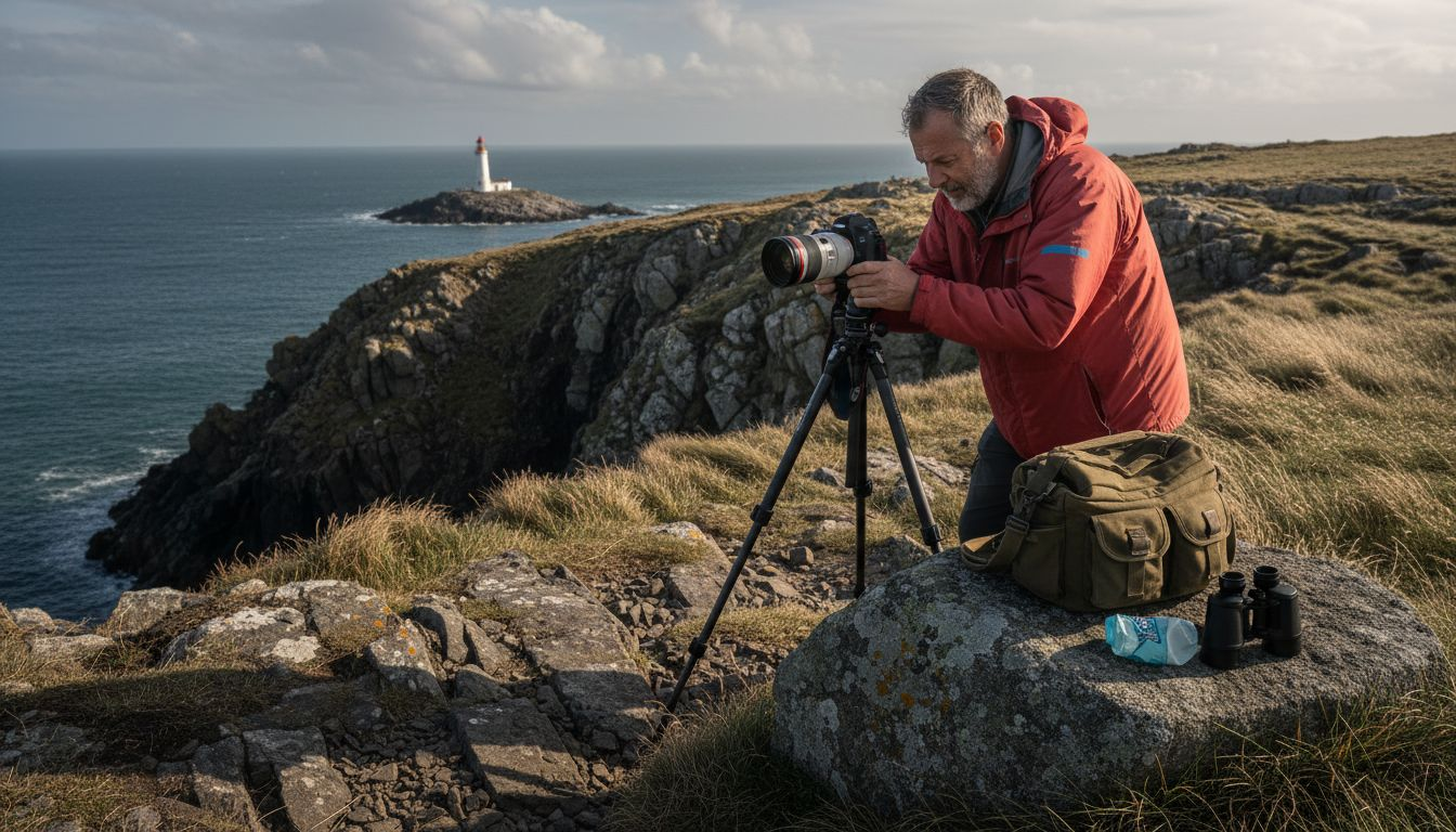 Man with tripod facing sharp coastal landscape