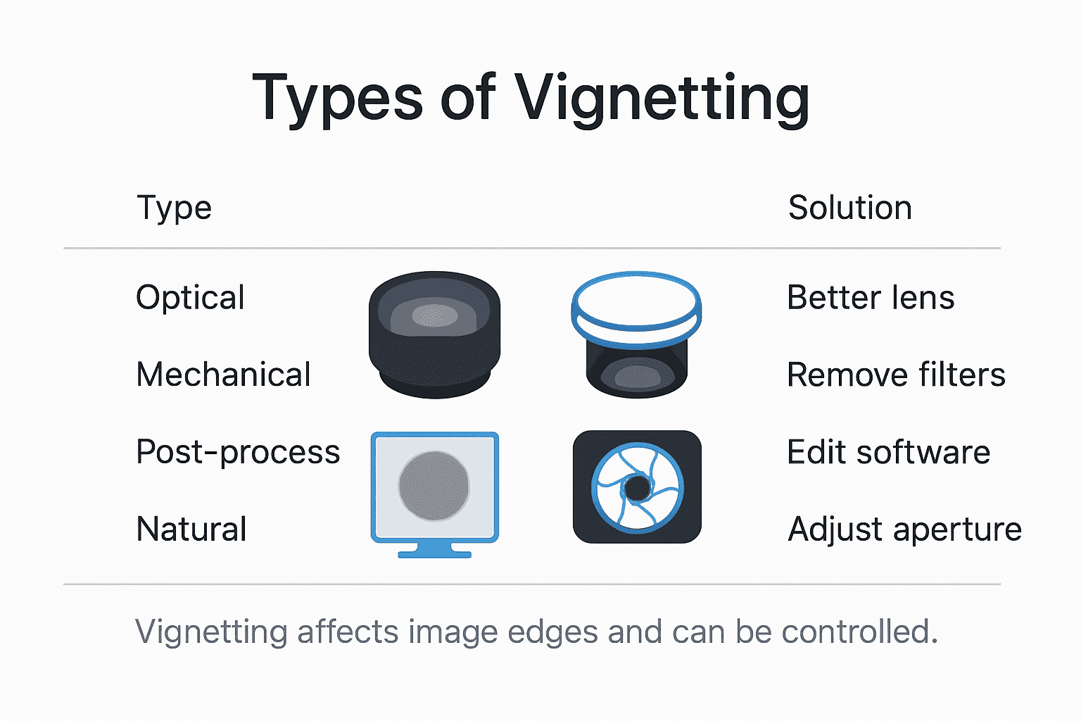 Infographic comparing vignetting types and fixes