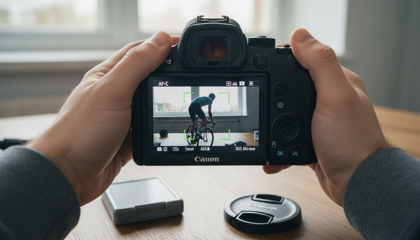 Camera LCD showing focus tracking on cyclist