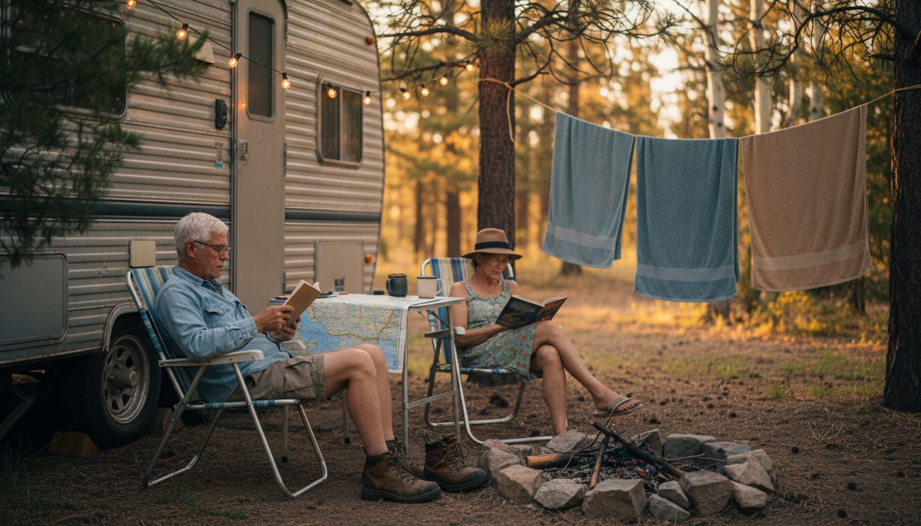 Campers relaxing at long-term campground setup