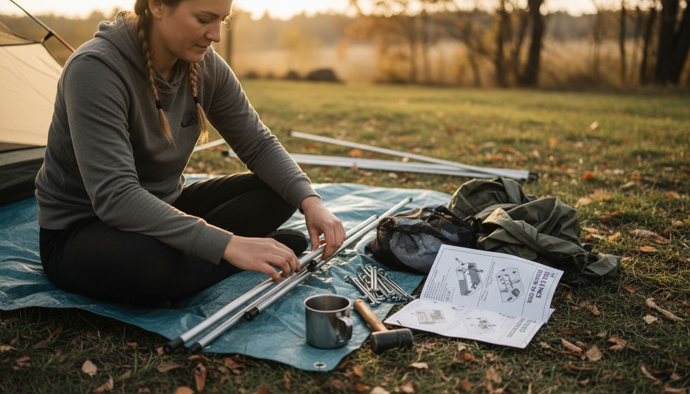 Camper organizing tent components on ground