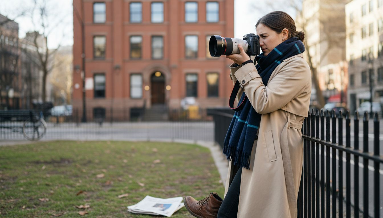 Woman demonstrating tilt shift lens near city park