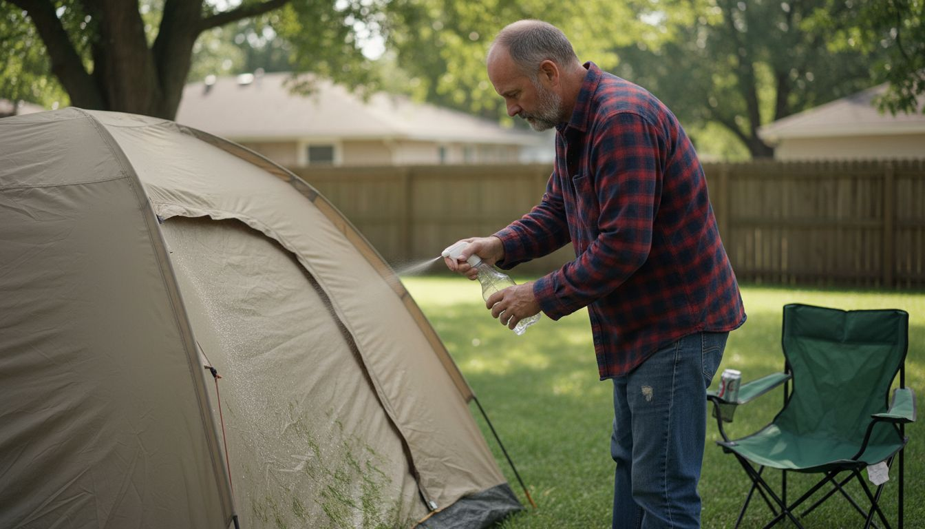 Man testing tent waterproof fabric