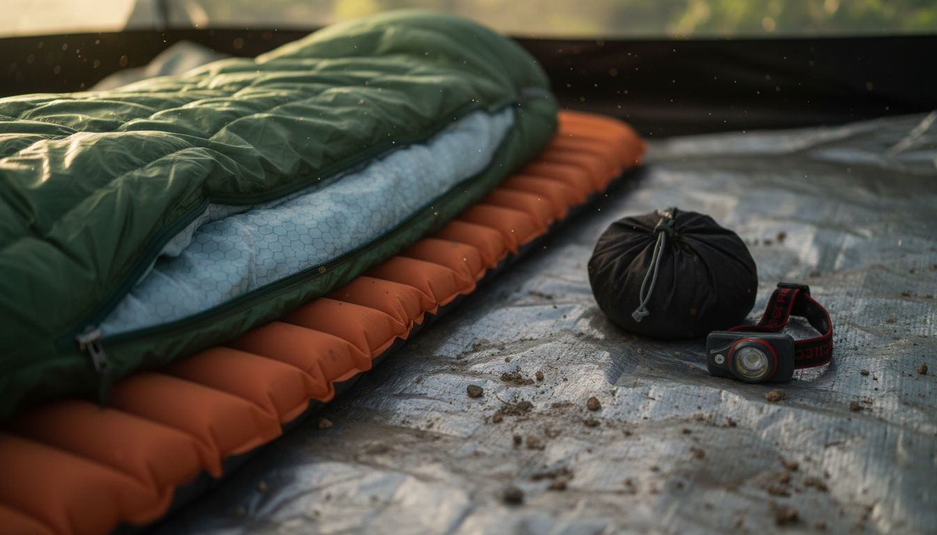 Closeup of camping sleep system components