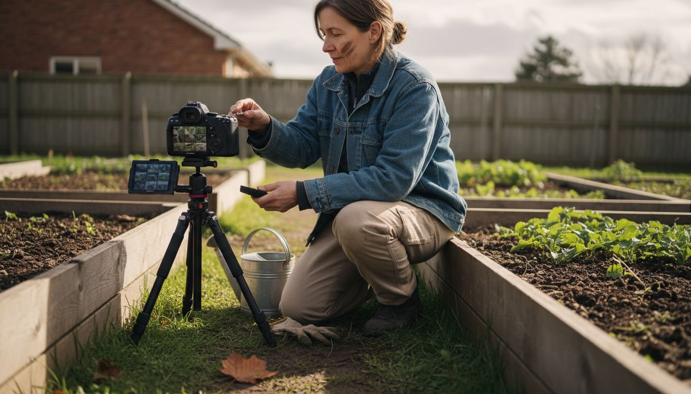 Gardener preparing time lapse in backyard garden