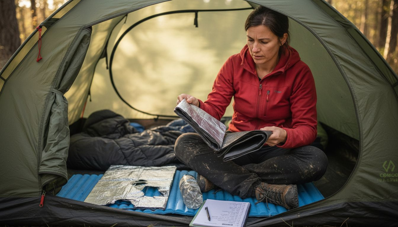 Camper comparing two groundsheet material options