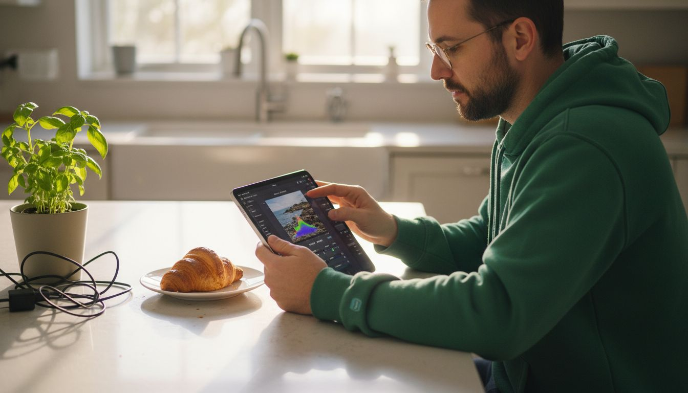 Man adjusts photo exposure on tablet in kitchen