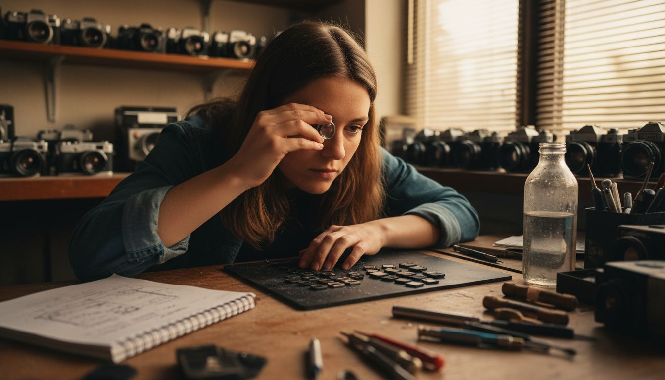 Woman inspecting camera sensors in workshop