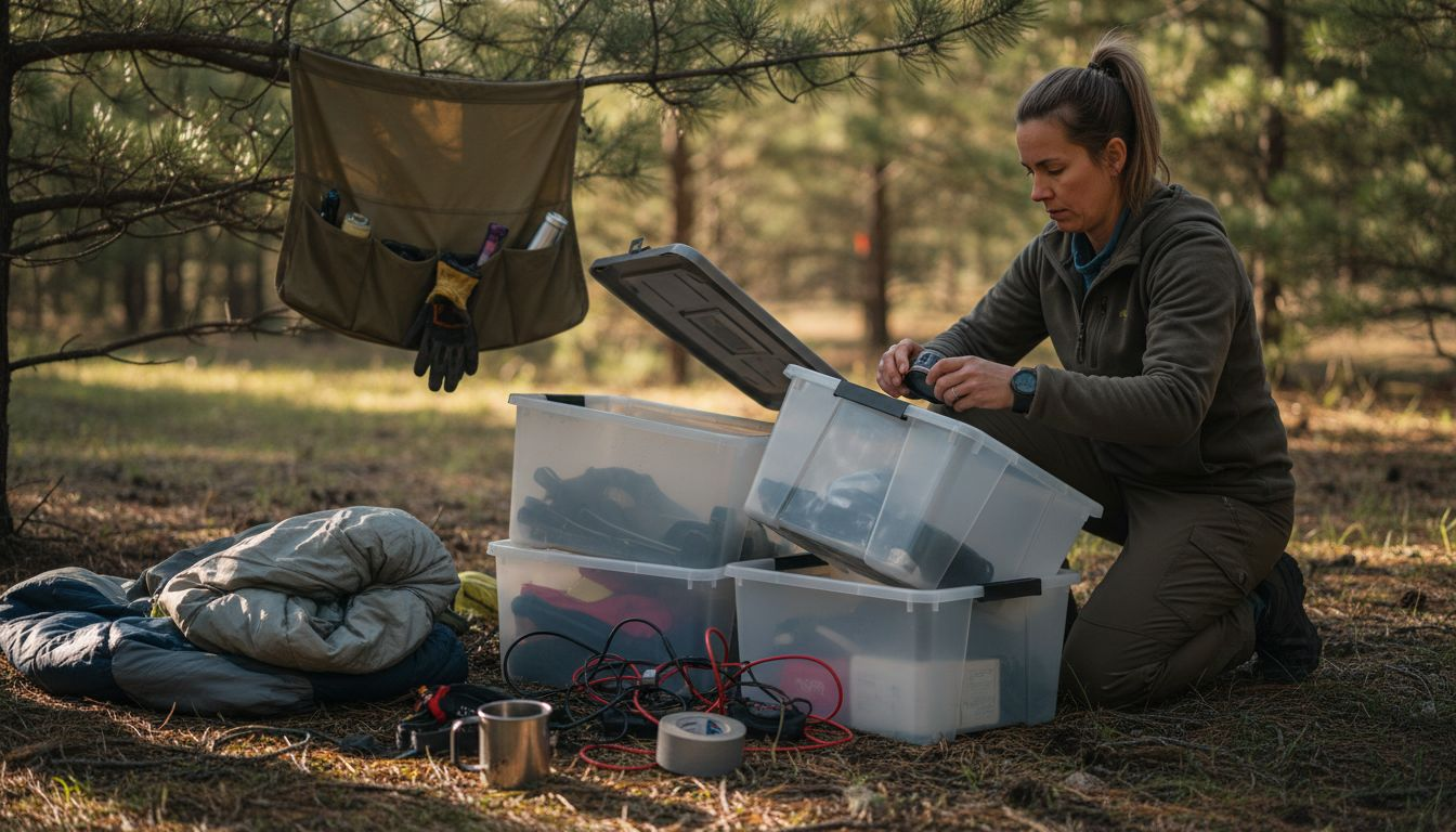 Camper sorting gear with storage bins