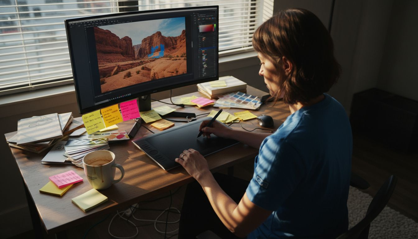 Editor adjusting photo color profiles at desk
