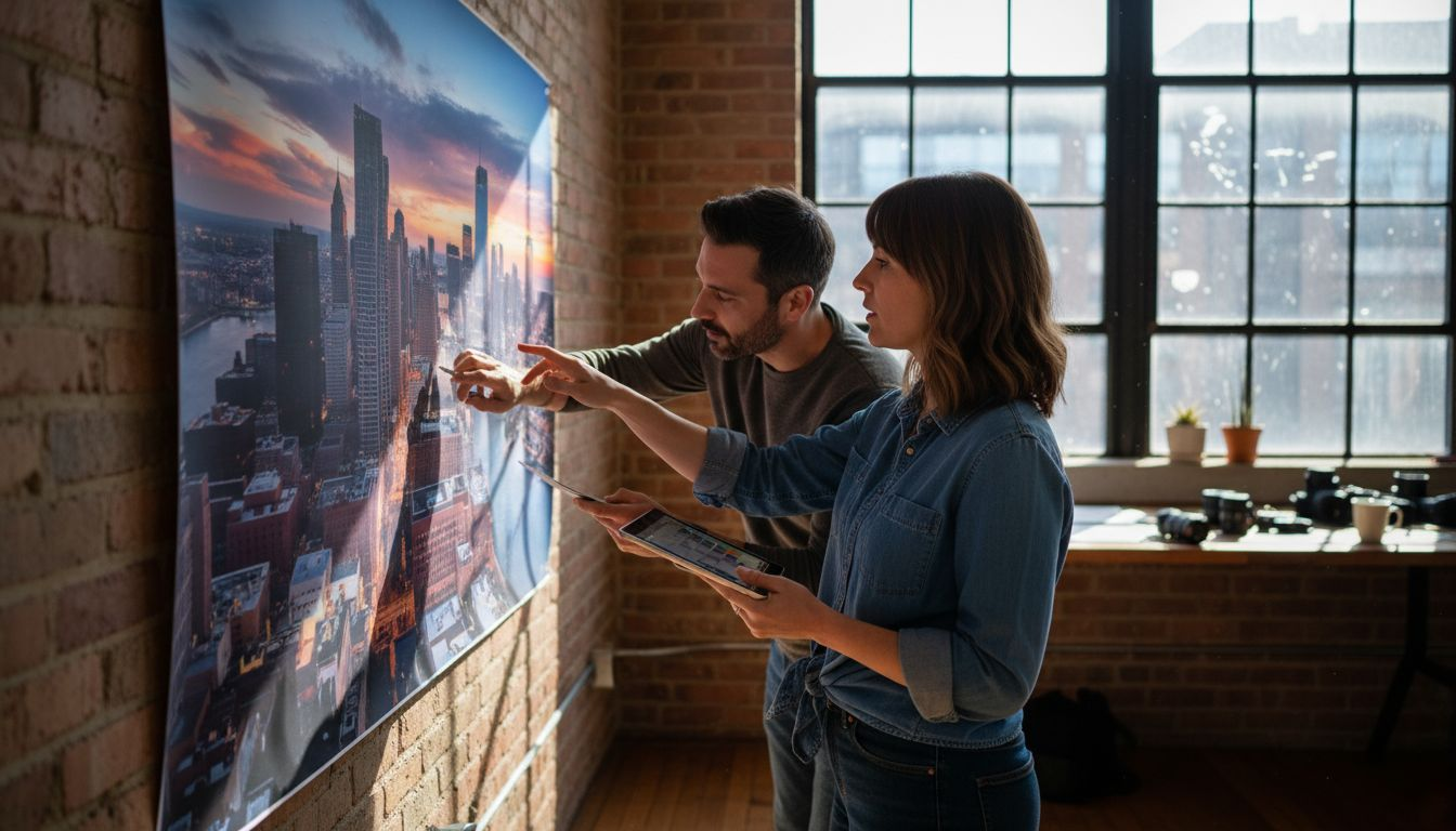 Photographers reviewing graded cityscape print