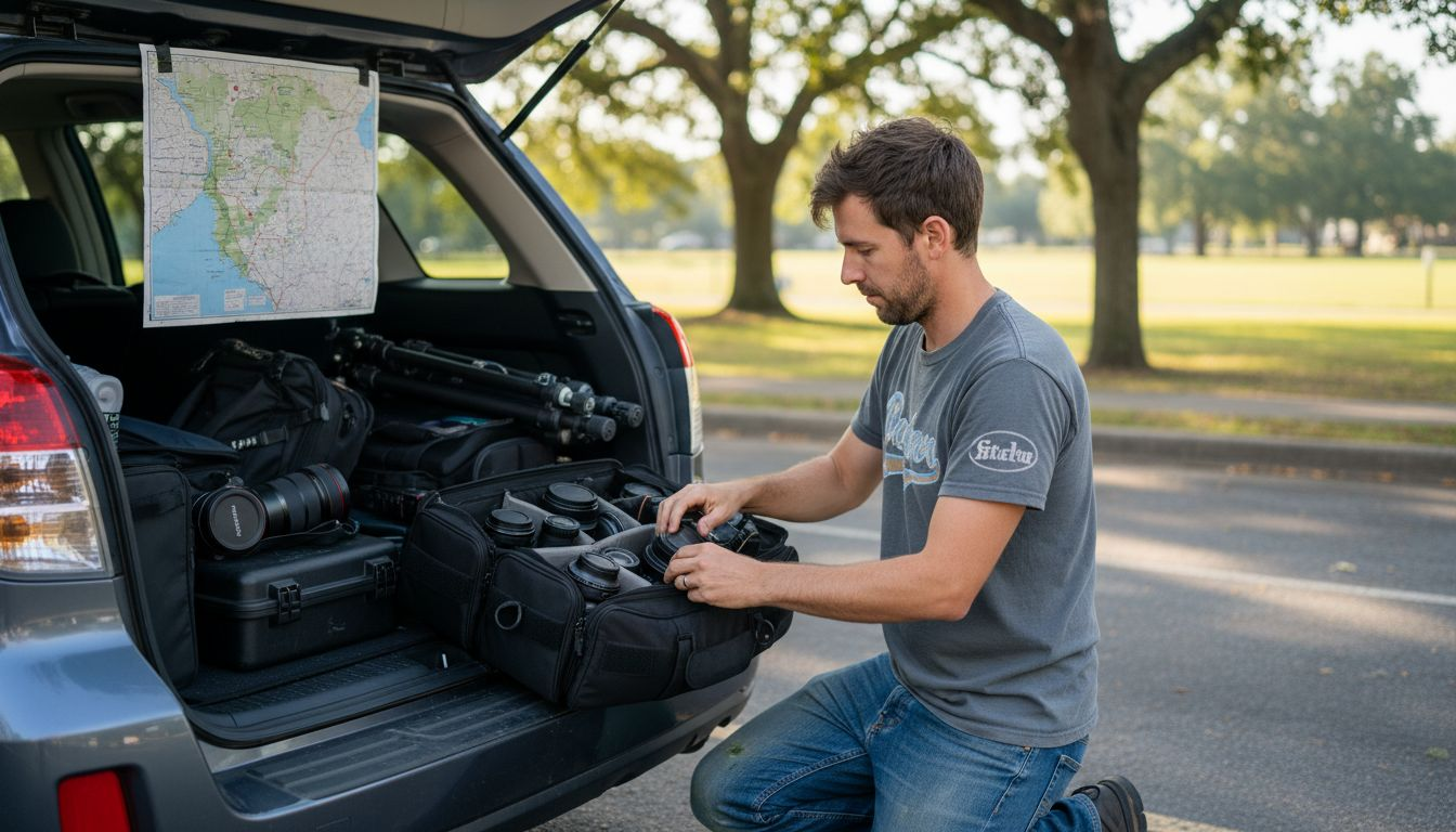 Photographer organizing gear in car trunk before shoot