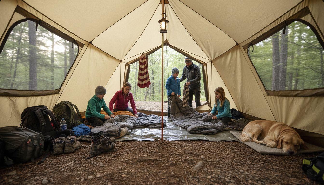 Family organizing cabin tent interior