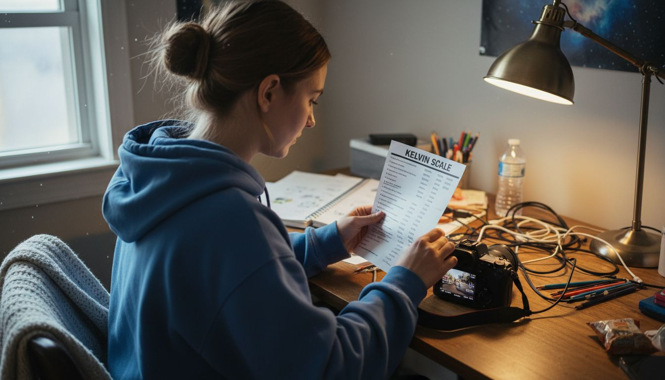 Photographer referencing Kelvin scale for white balance