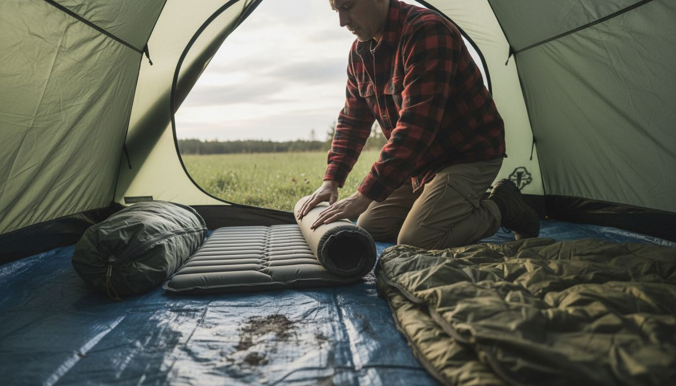 Inside tent sleeping pad and bag setup