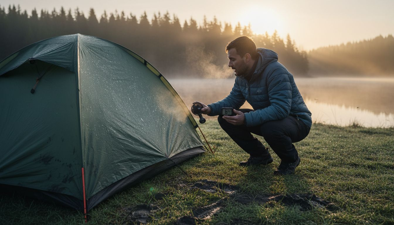 Camper checks condensation drops inside tent