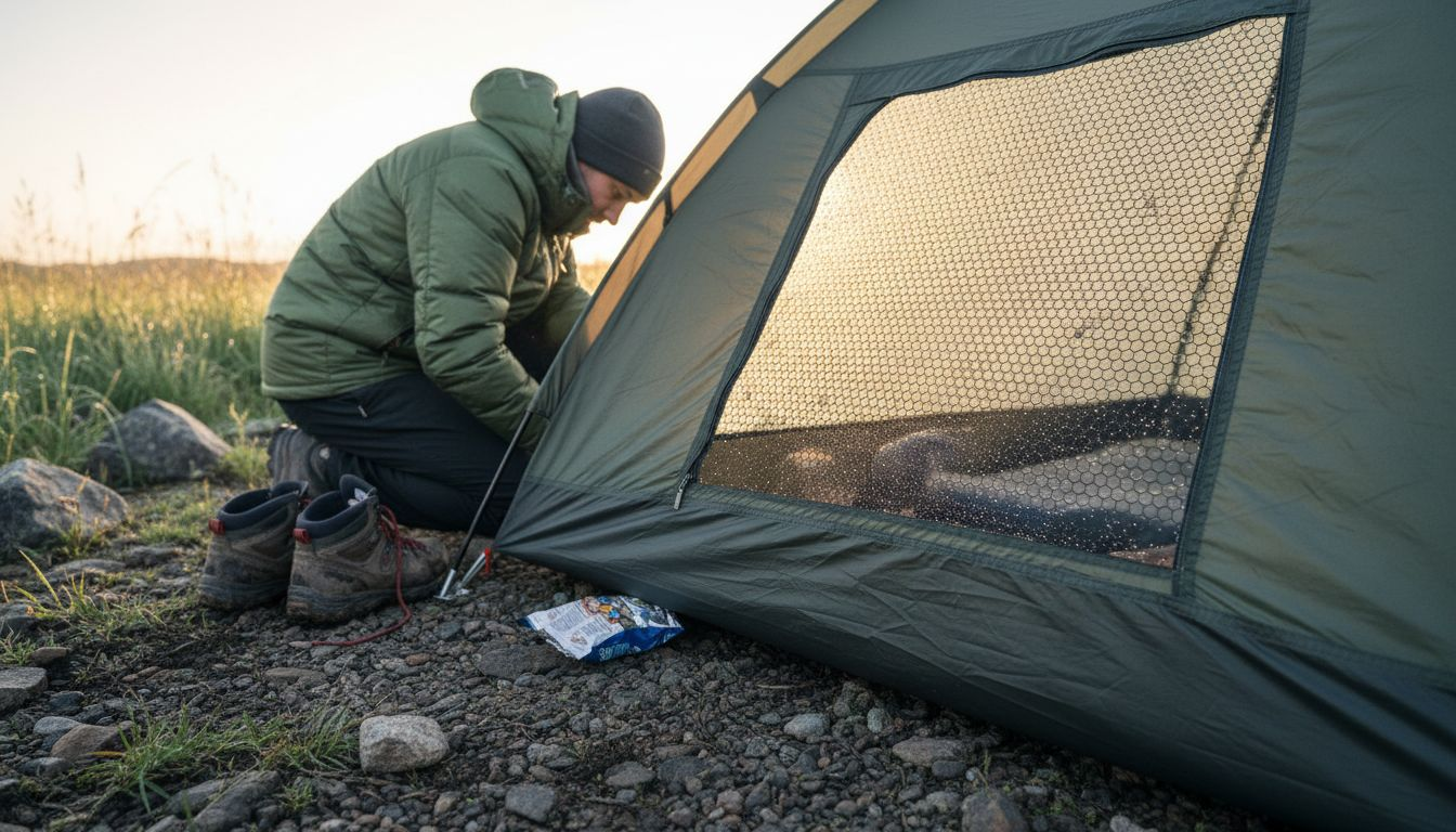 Backpacker checks mesh window for airflow
