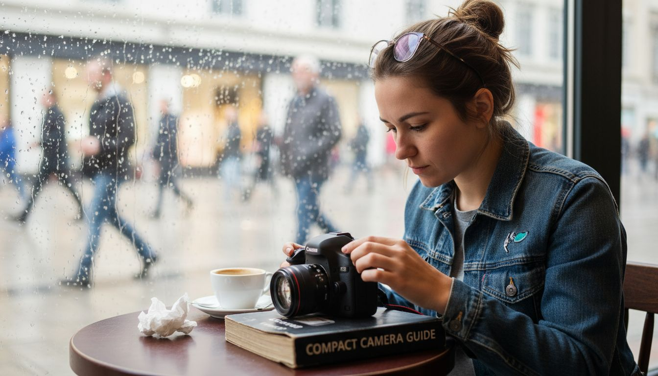 Woman adjusting camera exposure by rainy cafe window