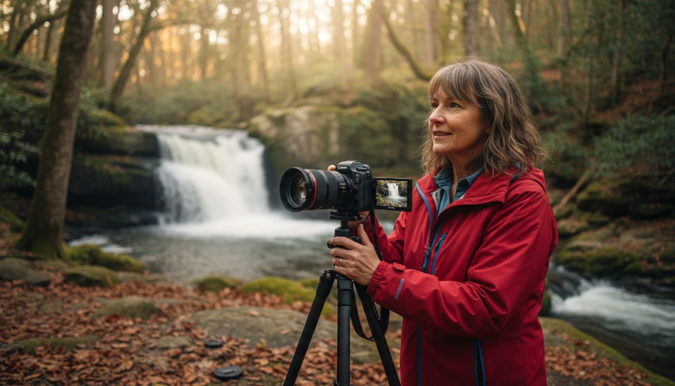 Woman checking camera after long waterfall exposure