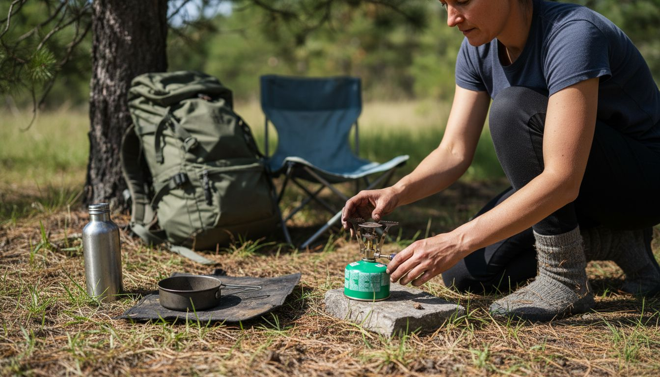 Camper safely arranging portable camp stove for outdoor cooking workflow
