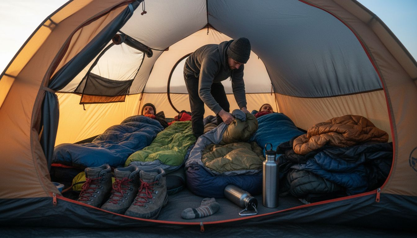 Crowded tent interior with campers and gear