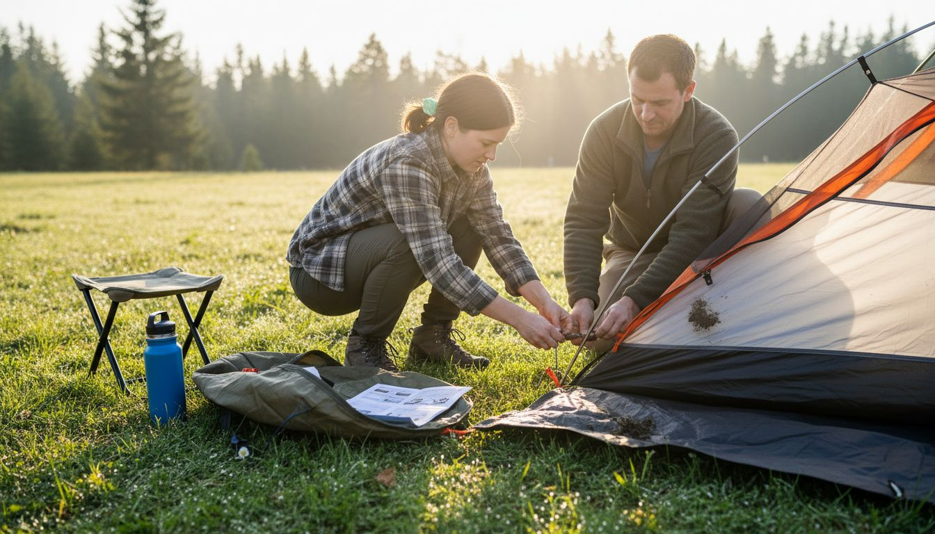 Campers assembling tent in open field