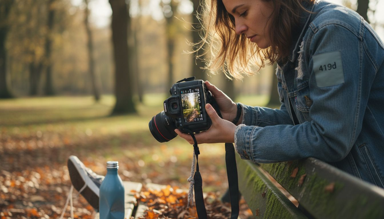 Woman viewing histogram on camera screen outdoors