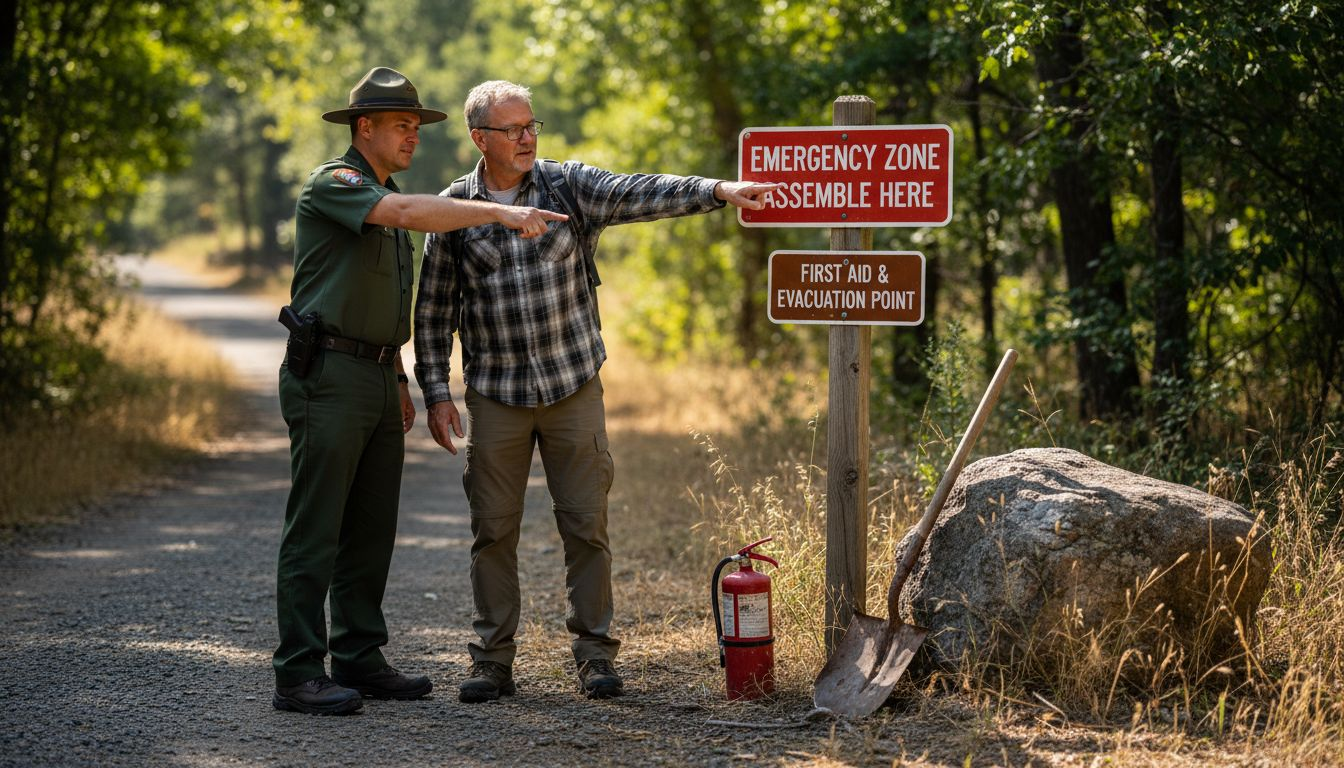 Ranger and camper inspecting campsite safety signs