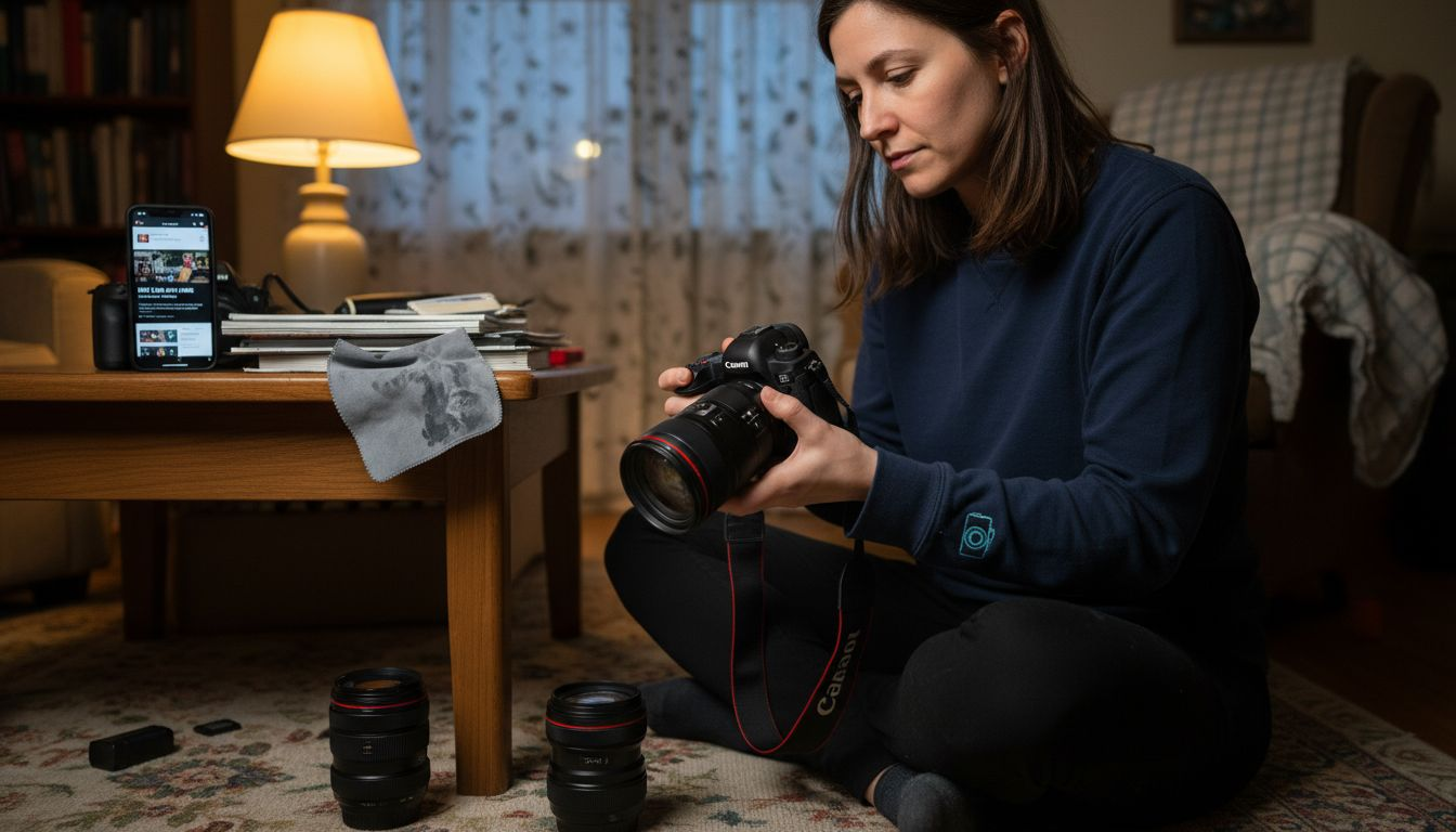 Woman comparing night photography equipment