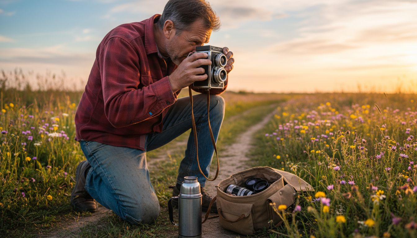 Man photographing field in golden hour light