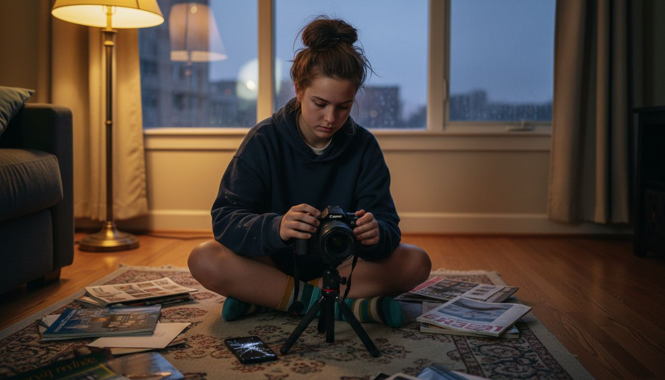 Teen photographing at dusk with indoor lamps